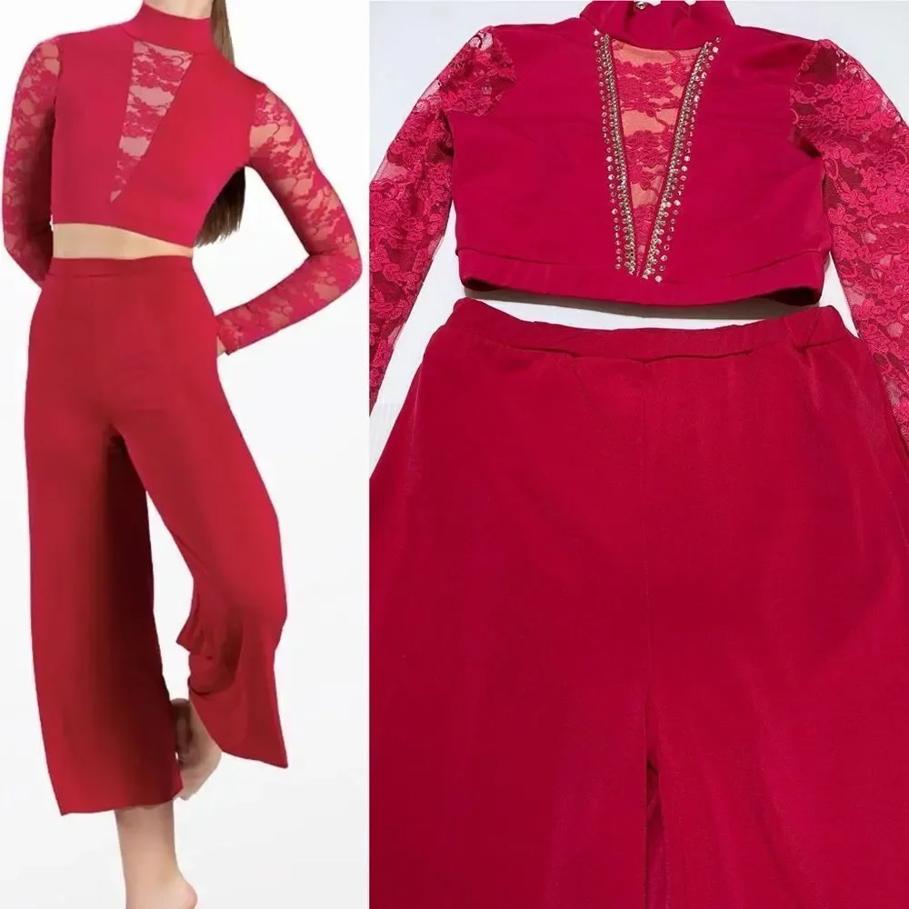 Weissman custom solo dance costume 2 piece red top pants Anchor SL12589 SA adult